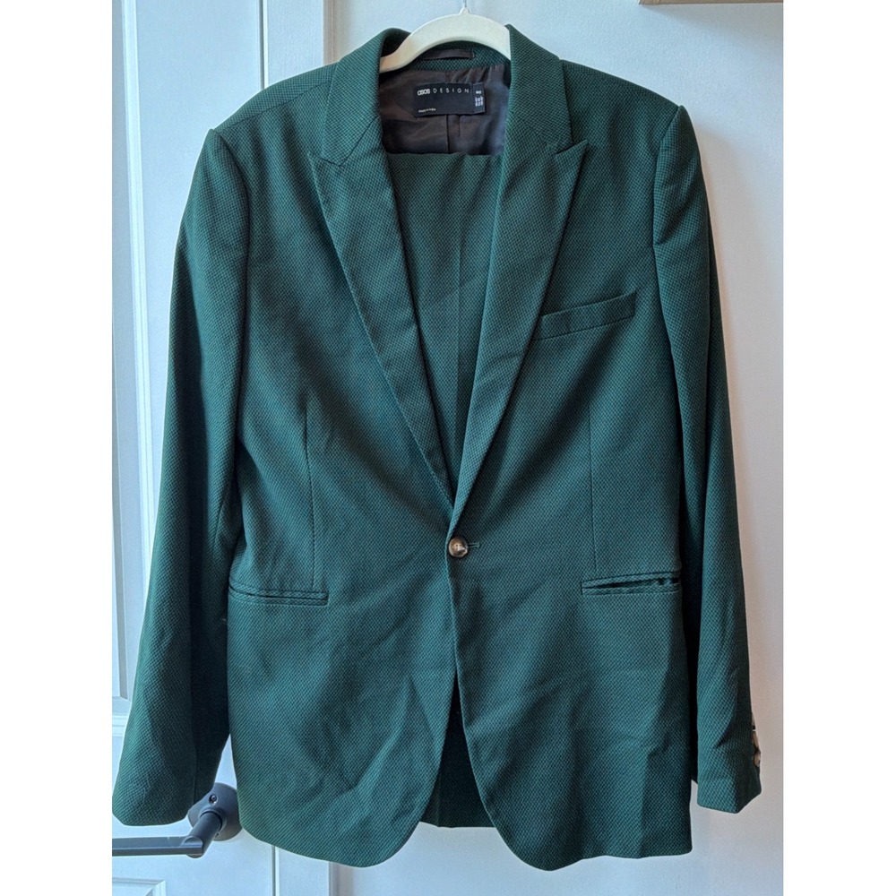 ASOS Slim Suit Set Men 42R 34W Green Houndstooth Basketweave Dark Academia